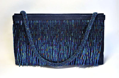 SASHA Cobalt Blue Evening Handbag Purse Sateen Fabric Iridescent Fringed - Image 1 of 4