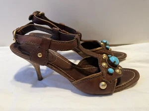 Miu Miu Brown Leather With Turquoise & Gold Stud T Strap Kitten Heel Sandal 40 - Picture 1 of 8