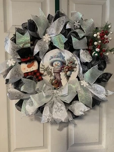 Winter Snowman Holiday Wreath White Ribbons Sparkle - Picture 1 of 1