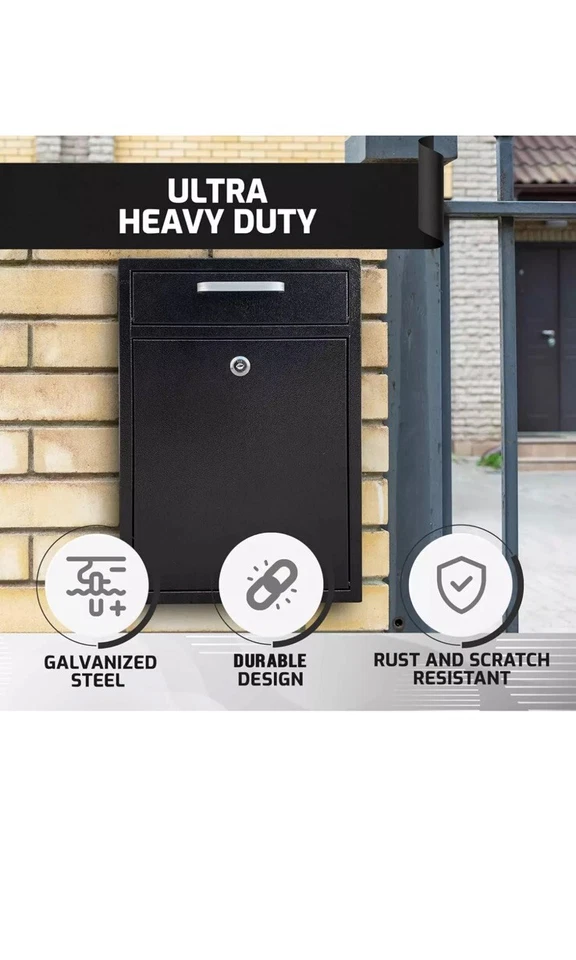 Locking Mailbox Wall Mount - Black Galvanized Steel Keys for Outdoor Wow - Image 1 of 3