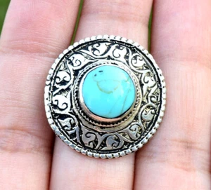 Anillo turquesa afgano Kuchi tallado redondo joyería étnica bohemia tribal azul - Imagen 1 de 4