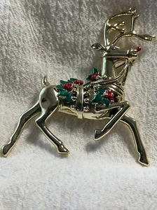 Rudolph The Reindeer Gold Tone With Enamel Brooch Pin Christmas Jewelry - Picture 1 of 9