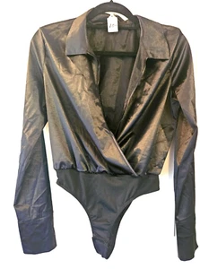 New Size Large Women's Black Bodysuit Top Faux Satin Collar-dx1038 - Picture 1 of 7