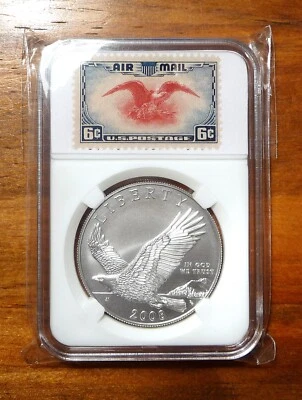 2008-P Bald Eagle Commemorative Silver Dollar with 2 Vintage Air Mail Stamps - Image 1 of 4