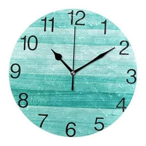 Teal Turquoise Green Wood Round Wall Clock, Silent Non Ticking Oil Painting - Picture 1 of 6