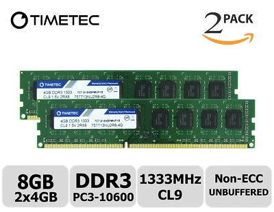 Timetec 2x4GB DDR3 1333MHz PC3-10600 Non-ECC 1.5V 2Rx8 UDIMM Desktop Memory RAM - Image 1 of 4