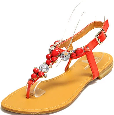 Nuevo Mujer Zapatos Punta Abierta T Correa Estrás Sandalias Verano Informal Rojo Foto 1 de 4