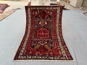 3'4x5'1 Vintage Turkish Hand-Knotted Tribal Rug, Red Black Rare Unique Boho Rug - Picture 1 of 12