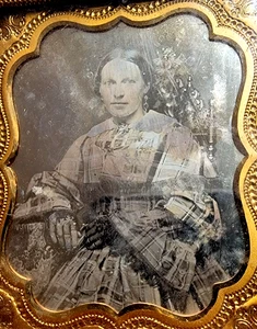 VINTAGE DAGUERREOTYPE OF A WOMAN IN GINGHAM DRESS - Picture 1 of 2