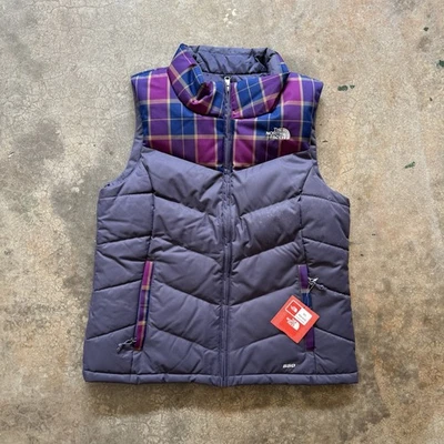 The North Face 550 Puffer Down Vest Women’s Size Medium Purple Plaid NWT - Image 1 of 4