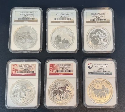 🌟2008 2011-2015 Australia Lunar Series II 1oz silver coin MOUSE DRAGON NGC MS70 - Image 1 of 4