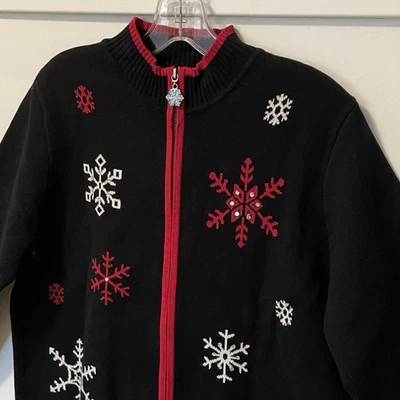 Breckenridge Petite Sweater Zip Cardigan Snowflakes Black Womens PL 100% Cotton - Image 1 of 4