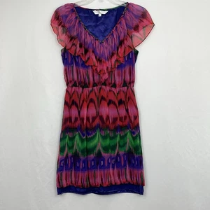 Trina Turk Silk Dress Women’s Size 0 Multi-Color Abstract Ruffle V-Neck Silk - Picture 1 of 12