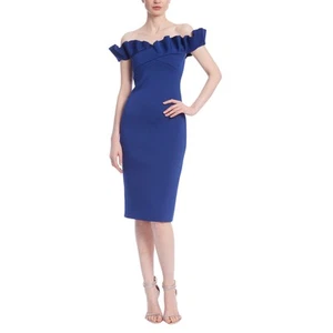 BADGLEY MISCHKA Ruffled Off-Shoulder Sheath Dress Navy Stretch Scuba Women's 4 - Picture 1 of 14