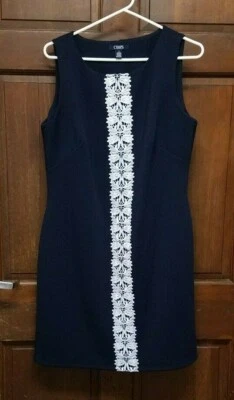 Chaps Navy Blue Lace Trimmed Sleeveless Jacquard Sheath Dress Women's Size 12 - Image 1 of 2