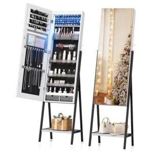 Mirror Jewelry Cabinet Standing with LED Lights, Full Length Mirror with White - Picture 1 of 7