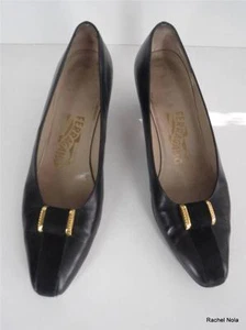 Ferragamo hochhackige Leder-Pumps Größe 9 schwarz Schleife Schnalle Samt klassisch bequem - Bild 1 von 11