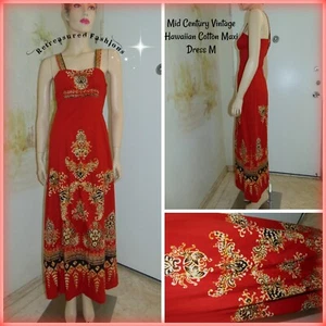 1950s 60's Mid Century Ethnic Hawaiian Tribal Cotton Red Pin Up Floral Dress ML - Picture 1 of 7