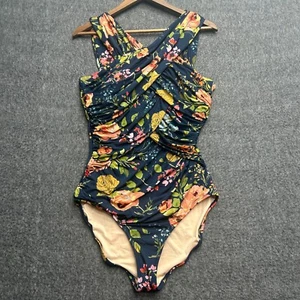 Garnet Hill One Piece Swimsuit Size 12 Navy Floral Ruched Cross Front Blue - Picture 1 of 14