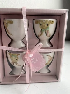 Set of 4 Easter Bunny Ceramic Egg Holders Poached Egg Cups 2.5" Hippity Hop New - Picture 1 of 6