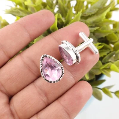 Gemelos artesanales de plata de ley 925 con piedras preciosas de morganita para amigo Foto 1 de 4