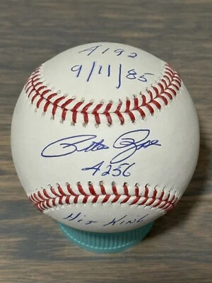 RARE PETE ROSE REDS 4192 9/11/85 and 4256 HIT KING STAT SIGNED AUTO BASEBALL LCK - Image 1 of 2