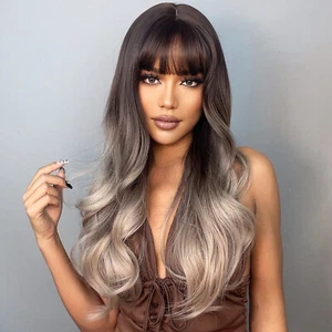 Long Curling Hair Wigs with Bangs Wavy Hair with Hair Net Heat L9W6 - Picture 1 of 12