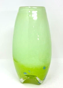 Art Glass Heavy Flower Vase Green Blue Splatter Heavy 3 Legged Base 9 1/2” Tall - Picture 1 of 8