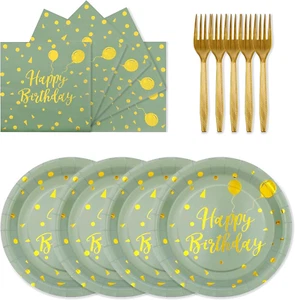 72PCS Happy Birthday Paper Plates - Sage Green and Gold Tableware Set Include 7I - Picture 1 of 12