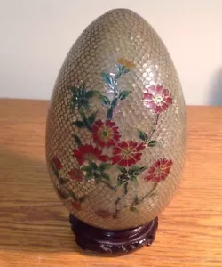 Antica scala di pesce a forma di uovo Cloisonne Plique A Jour floreale alta 6,5" - Foto 1 di 9