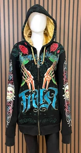 Christian Audigier Men's 2XL Black Hoodie Cotton Zip-Up Lined Grunge Hippie - Picture 1 of 11