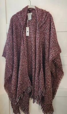 Poncho Charlie Paige O/S tejido con capucha tweed envolvente rojo, vino, marrón Foto 1 de 4