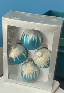 4 Vintage türkis grün aqua mit Glitzer Glas Christbaumschmuck Box Rauch Costal - Bild 1 von 16