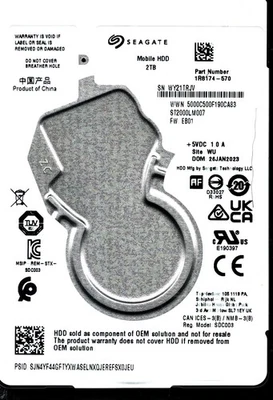 ST2000LM007 P/N: 1R8174-570 F/W: EB01 S/N: WY21T 2TB JAN 2023 CHINA SEAGATE - Image 1 of 2