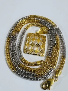 22K Solid 916 Real twotone Gold Rectangle Set Necklace 21”/21.5” Long 13g 3mm - Picture 1 of 24