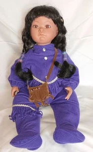 Native American Weighted Cloth Body Porcelain Little Girl Doll Purple Outfit EUC - Picture 1 of 11
