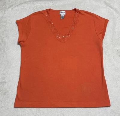 Chicos Top Women's Size 2 Large Orange Short Sleeve Beaded Rhinestone Blouse - Image 1 of 4