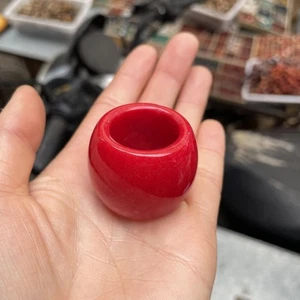 Men's Natural Guizhou Dry Green Jade Ring - Bold Retro Simulated Red Band - Picture 1 of 4