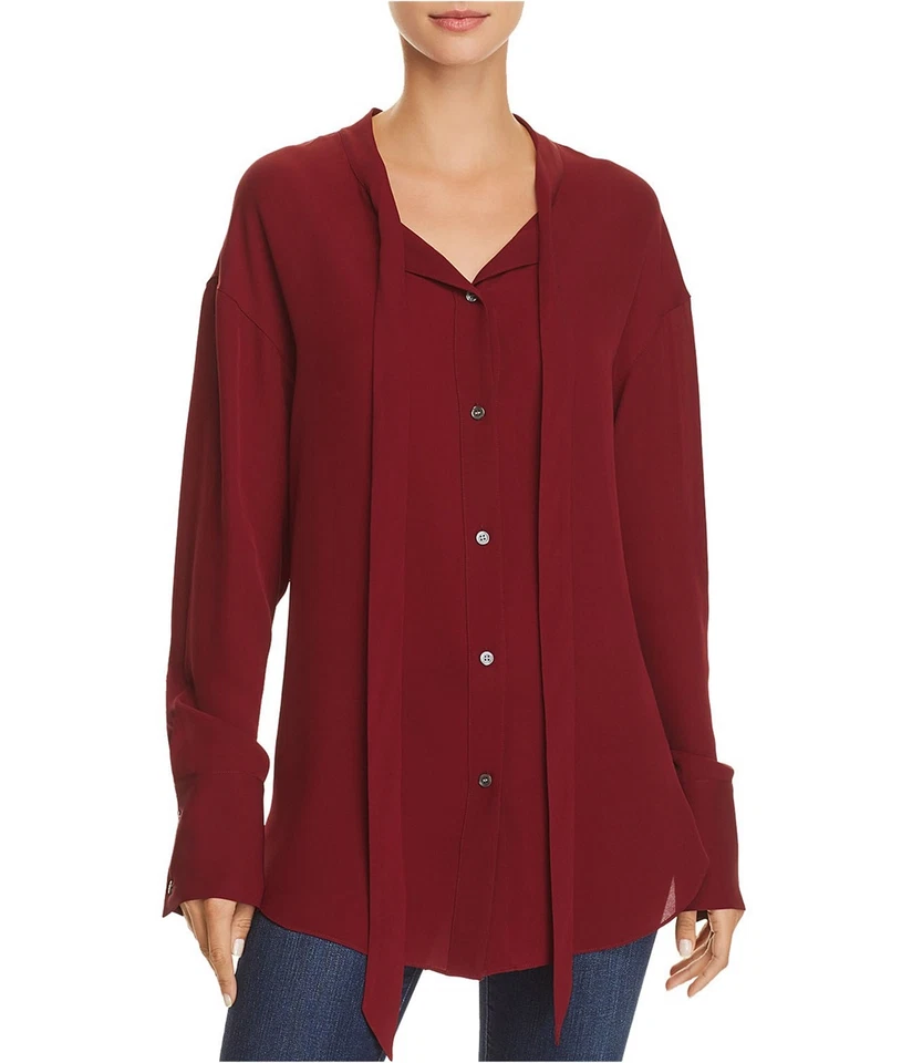 Theory Womens Weekender Tie Neck Button Down Blouse, red, M - Imagem 1 de 1