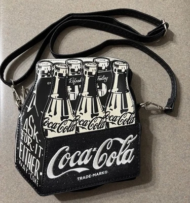 Coca Cola Crossbody Purse Black White Bottles 6-Pack - Image 1 of 4
