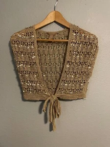 Vintage XXI Womens Bolero Large Gold Crochet Sequin Sheer Tie Front Boho Y2K - Picture 1 of 6