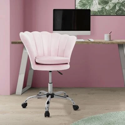 Fauteuil de bureau à roulettes rose clair hauteur réglable chaise en velours - Photo 1/4