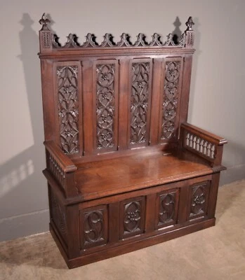 Antique French Gothic Revival Oak Wood Bench/Settee/Chair Highly Carved - Image 1 of 4