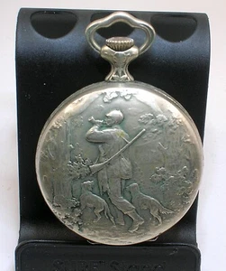 HEBDOMAS CASS 8 DAY POCKET WATCH WITH MOST AMAZING CASE WITH HUNTING SCENE - B/O - Picture 1 of 18