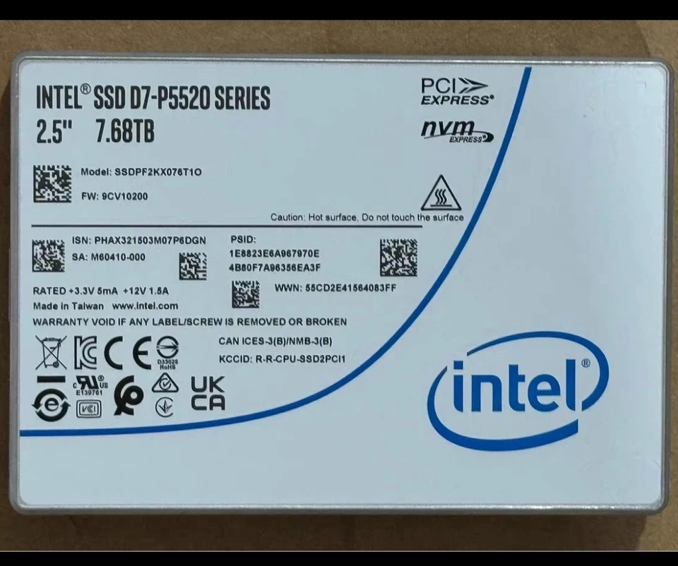 Intel D7-P5520 Series 7.68TB NVMe PCIe 4.0 x4 2.5in U.2 SSD SSDPF2KX076T1O USED - Image 1 of 1