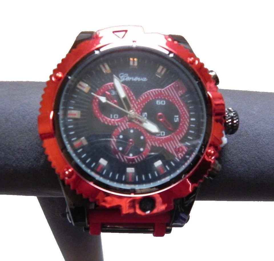 Reloj de cuarzo Geneva cronógrafo para hombre correa de silicona roja y negra NUEVO Foto 1 de 4