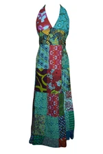 Boho Blue Green V-Neck Cotton Printed Summer Patchwork Sexy Halter Dress SM