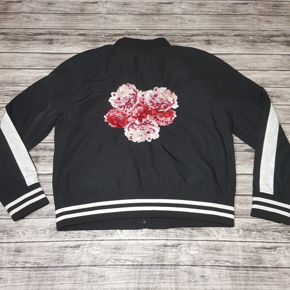 Guess Size L Women Track Jacket Floral Embroidered Full Zip Long Sleeve Black - Image 1 of 4
