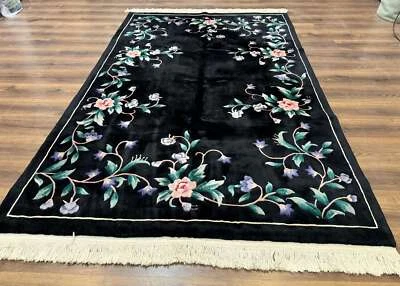 Chinese Wool Rug 6x9 Black Floral Minimal Design 90 Line Carpet Vintage Art Deco - Image 1 of 4