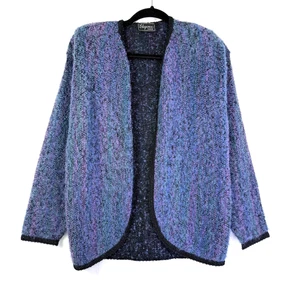 VTG Sweater Jacket Womens L Blue/Purple Nubby Open Front Linen Blend 80s Granny - Picture 1 of 10